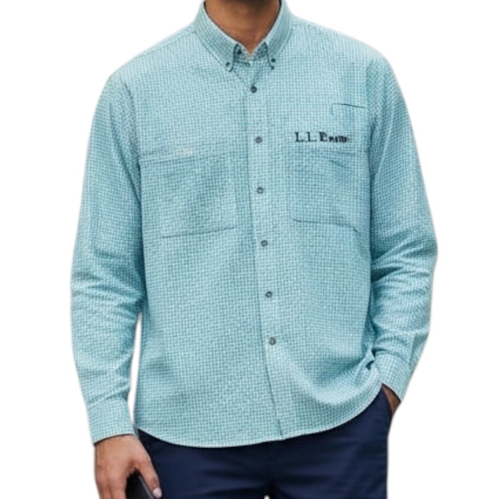 L.L Bean Shirt Men’s Sz XL Turquoise Gingham Print Button Up Ventilated/Back